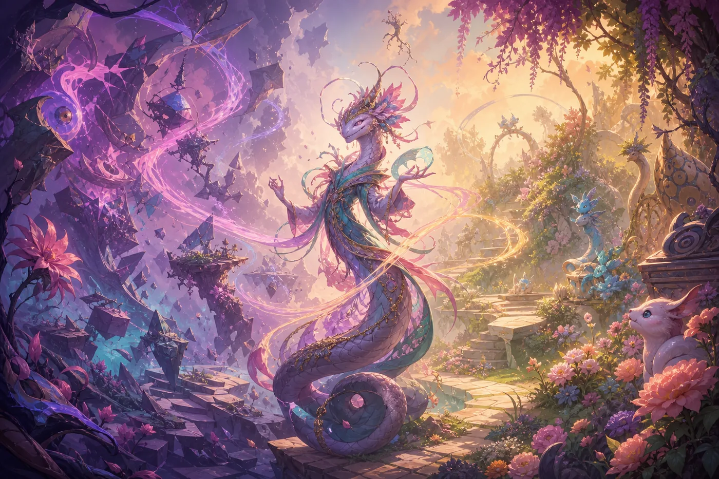 Conceptual fantasy illustration contrasting chaotic magic with a peaceful friendship garden