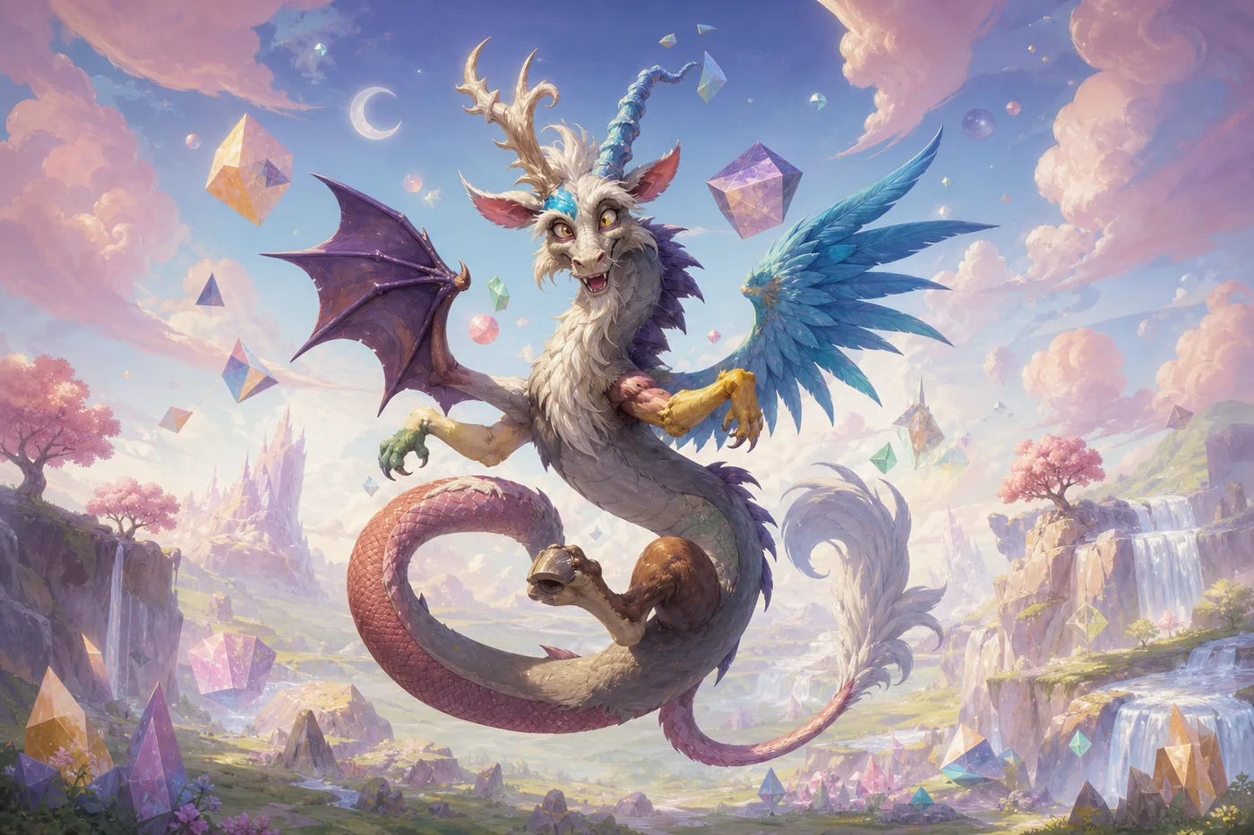 Original editorial illustration of a whimsical draconequus-style chaos spirit in a pastel fantasy sky