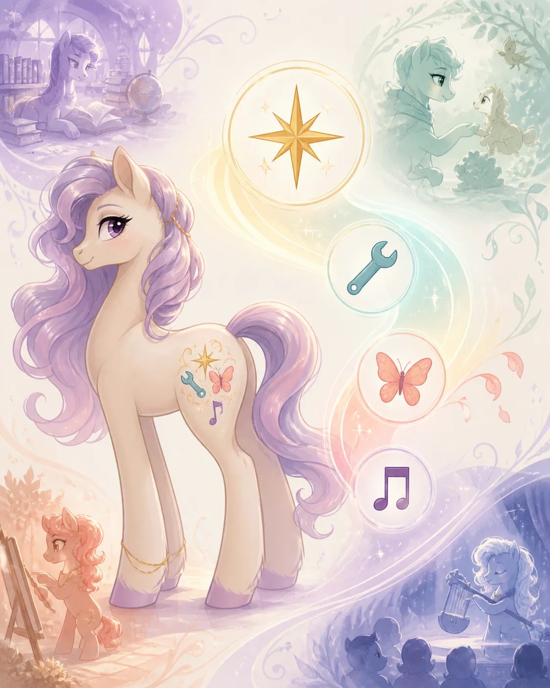 Editorial illustration showing a generic pony cutie mark interpreted through symbols, talents, and emotional roles