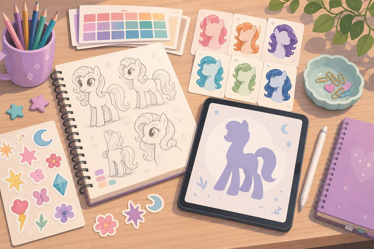 Editorial illustration of a pony OC sketchbook, color swatches, mane cards, and cutie mark stickers