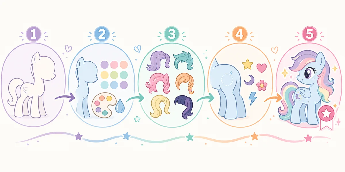 Editorial step flow showing ponysona base, colors, mane style, cutie mark, and finished character