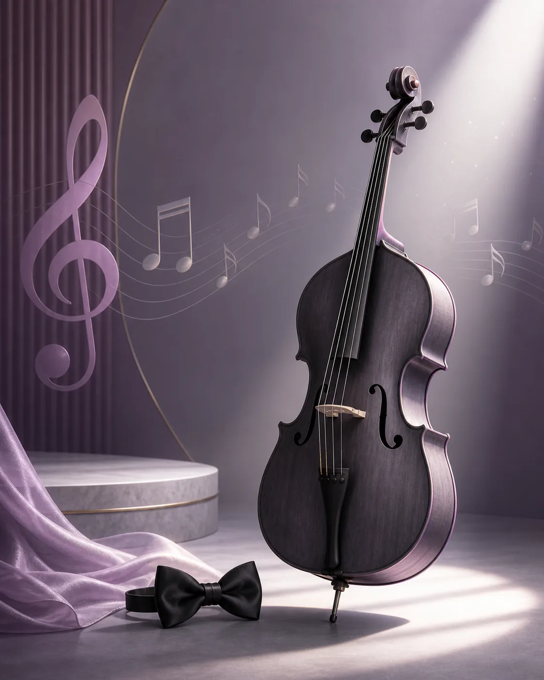 Editorial illustration of a cello, bow tie, and treble clef symbols for an Octavia MLP guide
