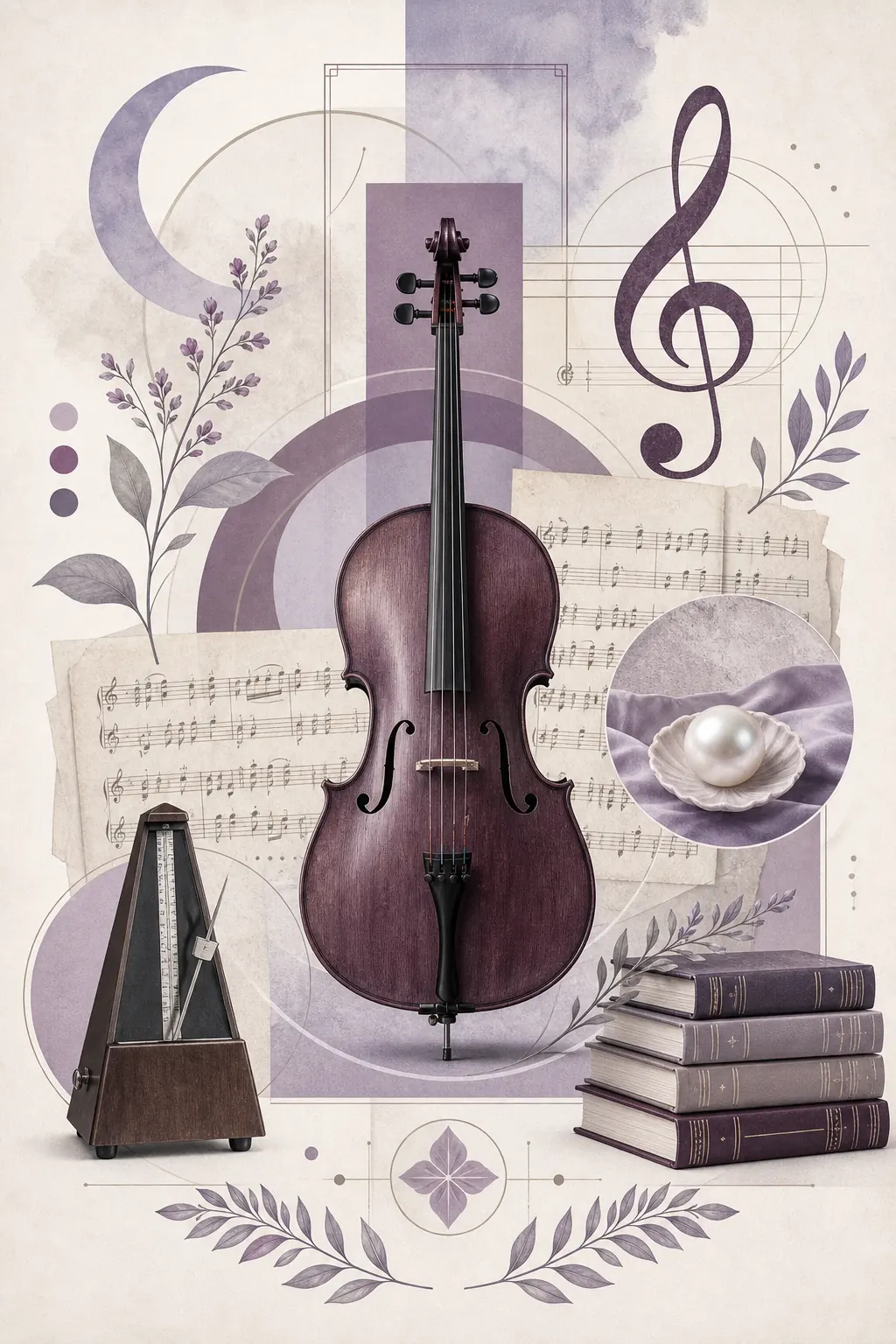 Editorial collage of cello, sheet music, treble clef, and refined personality symbols for Octavia Melody