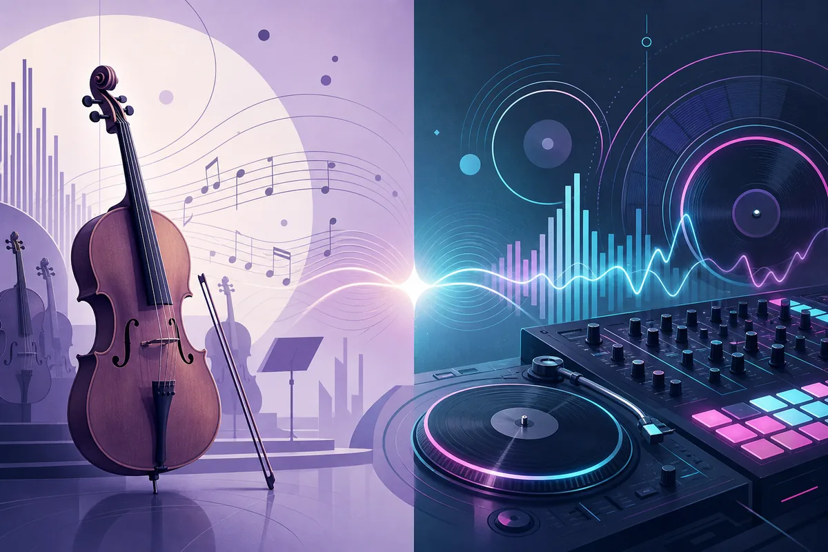 Editorial comparison image showing classical strings and electronic turntable shapes meeting through music