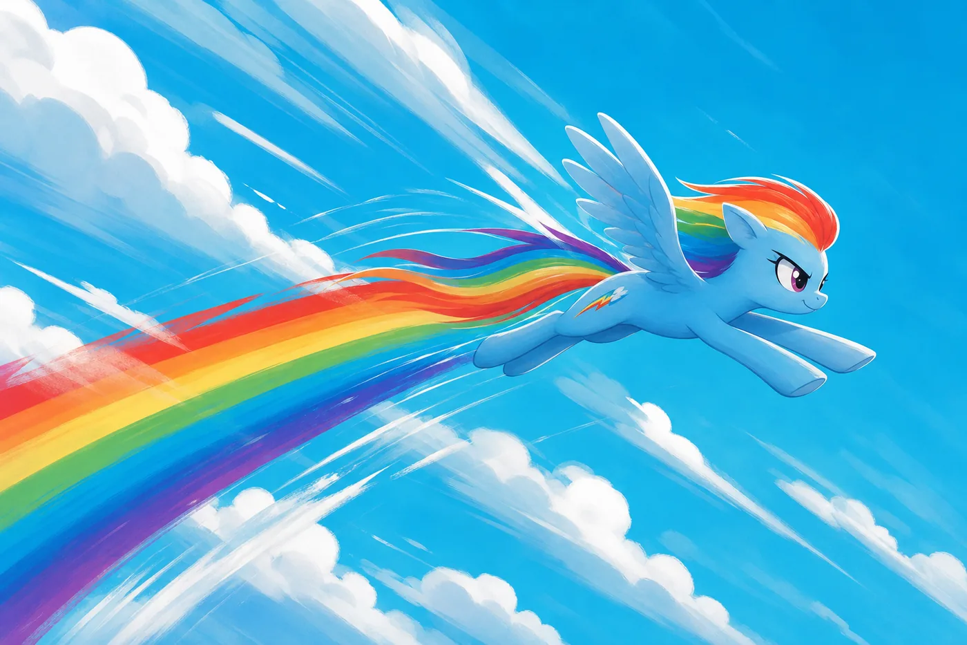 Non-official editorial illustration of a blue pegasus racing across a bright sky with a rainbow trail