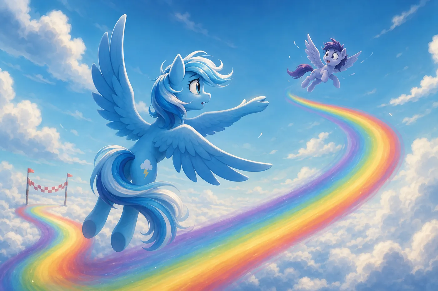 Concept illustration of a winged pony turning away from a finish line to help another flyer