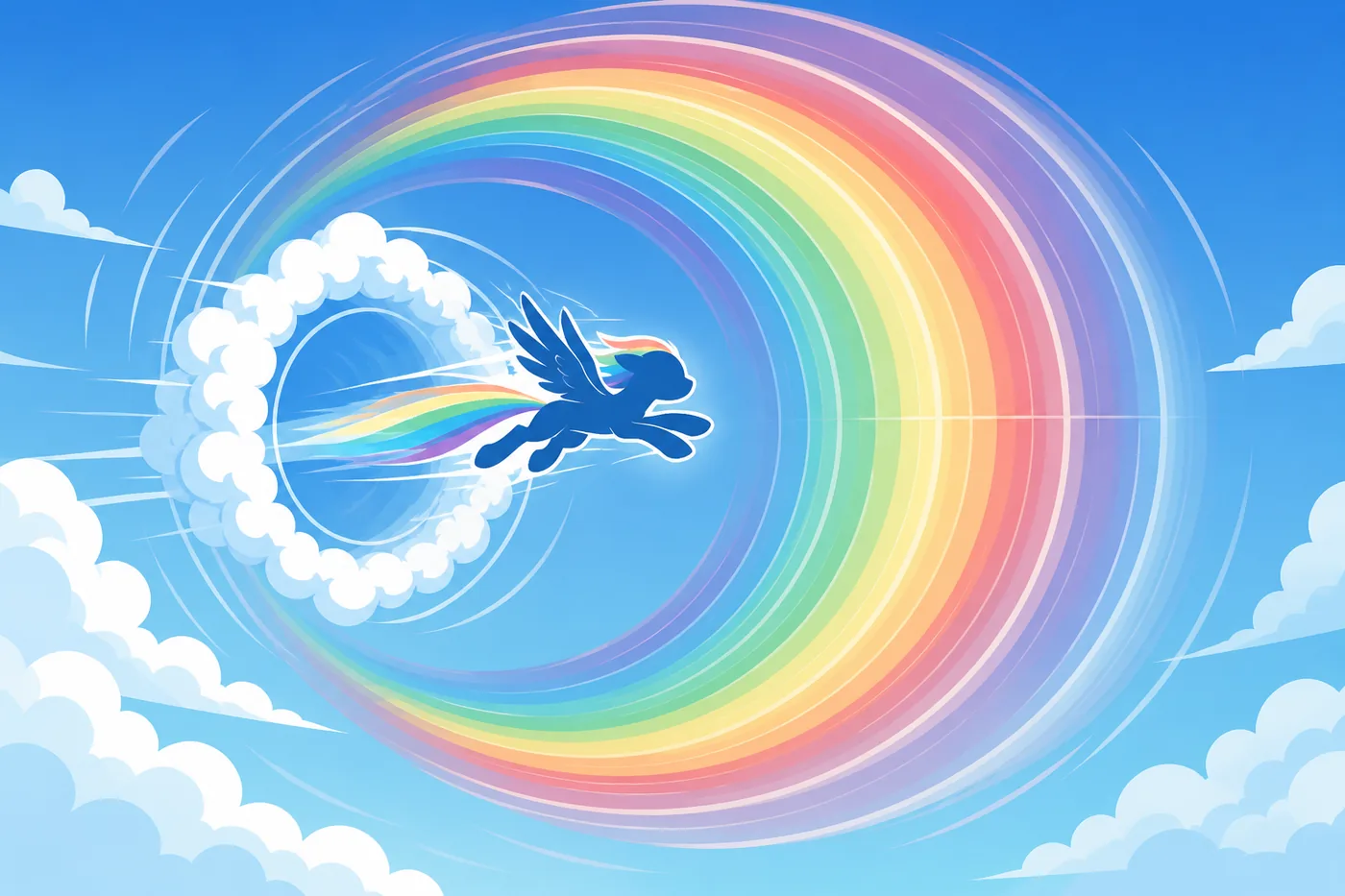 Non-official editorial diagram of a winged pony passing through a cloud ring and creating a rainbow shockwave