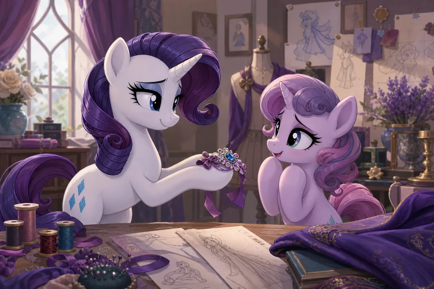 Non-official editorial illustration of a white unicorn gifting a handmade jeweled accessory to a grateful pony