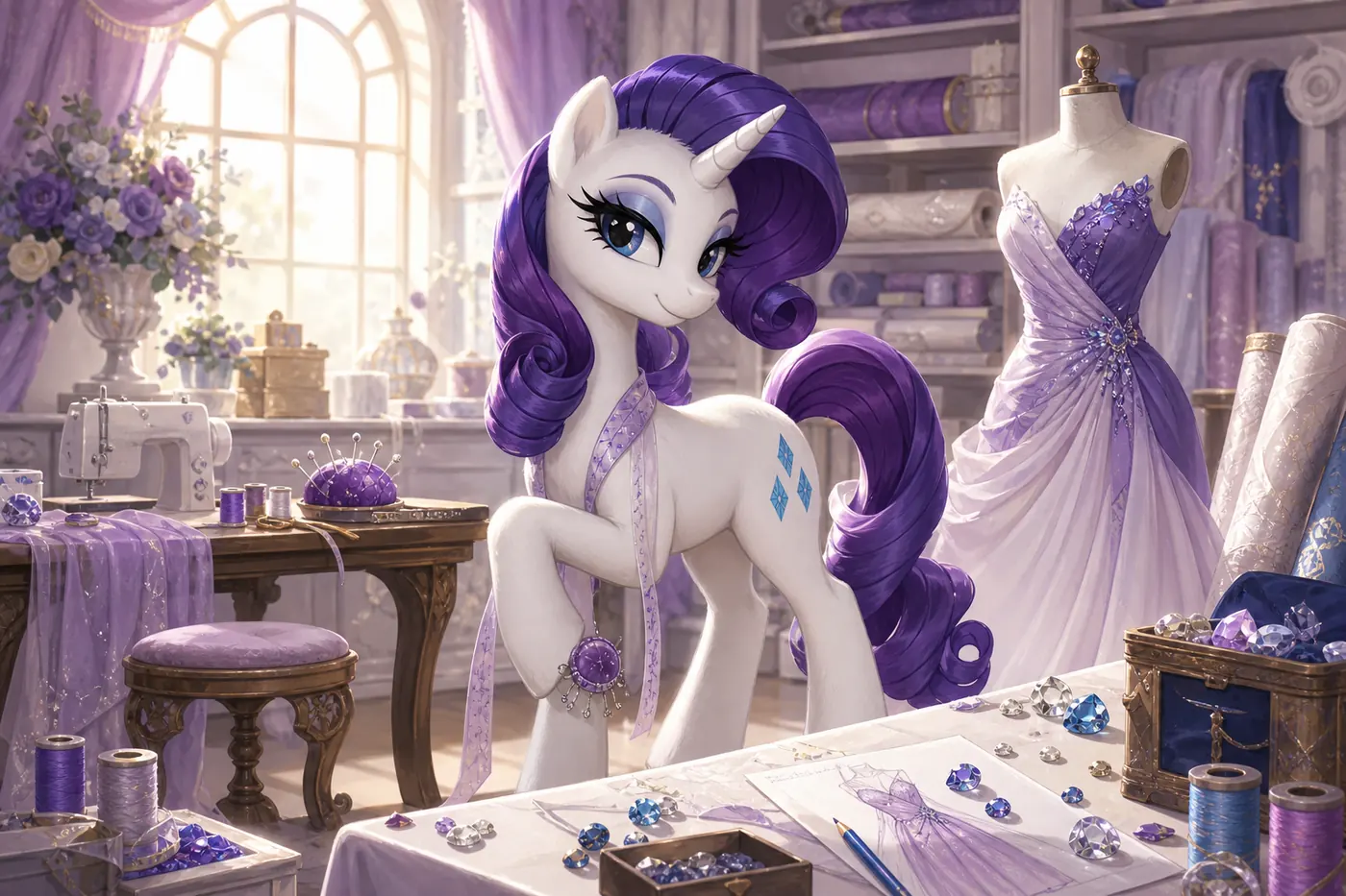 Non-official editorial illustration of an elegant white unicorn designing a jeweled gown in a lavender fashion studio